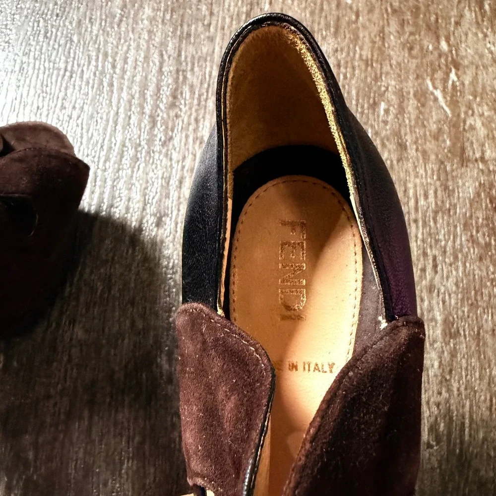 Fendi Platform Heels Womens 36.5 Brown Suede Black Leather Peep Toe Cutout Italy